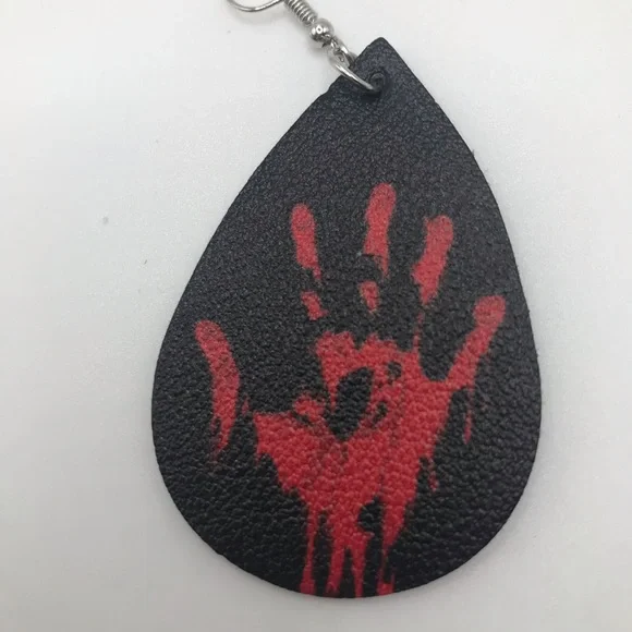 Bloody Handprint Vegan Leather Teardrop Earrings - Picture 4 of 4